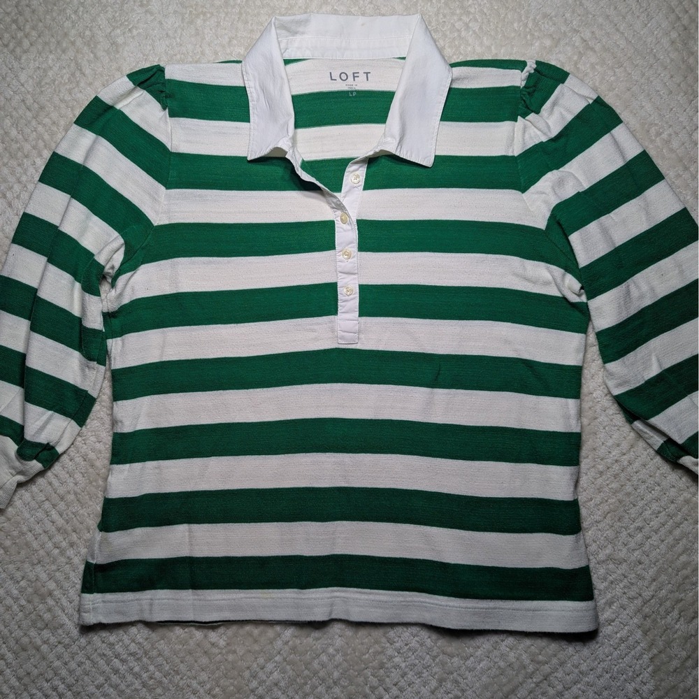 LOFT Striped Polo‎ Top Green White Cotton Collared Preppy Petite LP